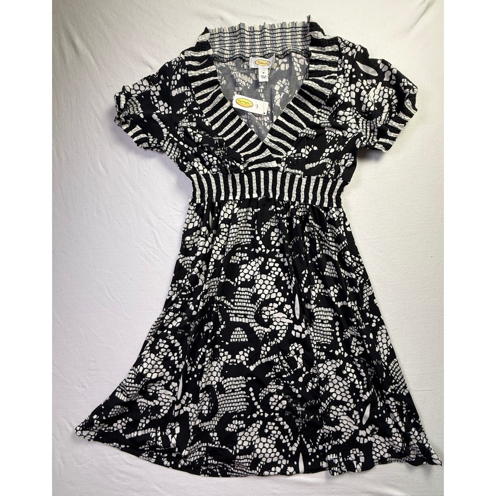 Talbots Womens Black White Abstract Print Smocked Empire Waist Dress M-2596